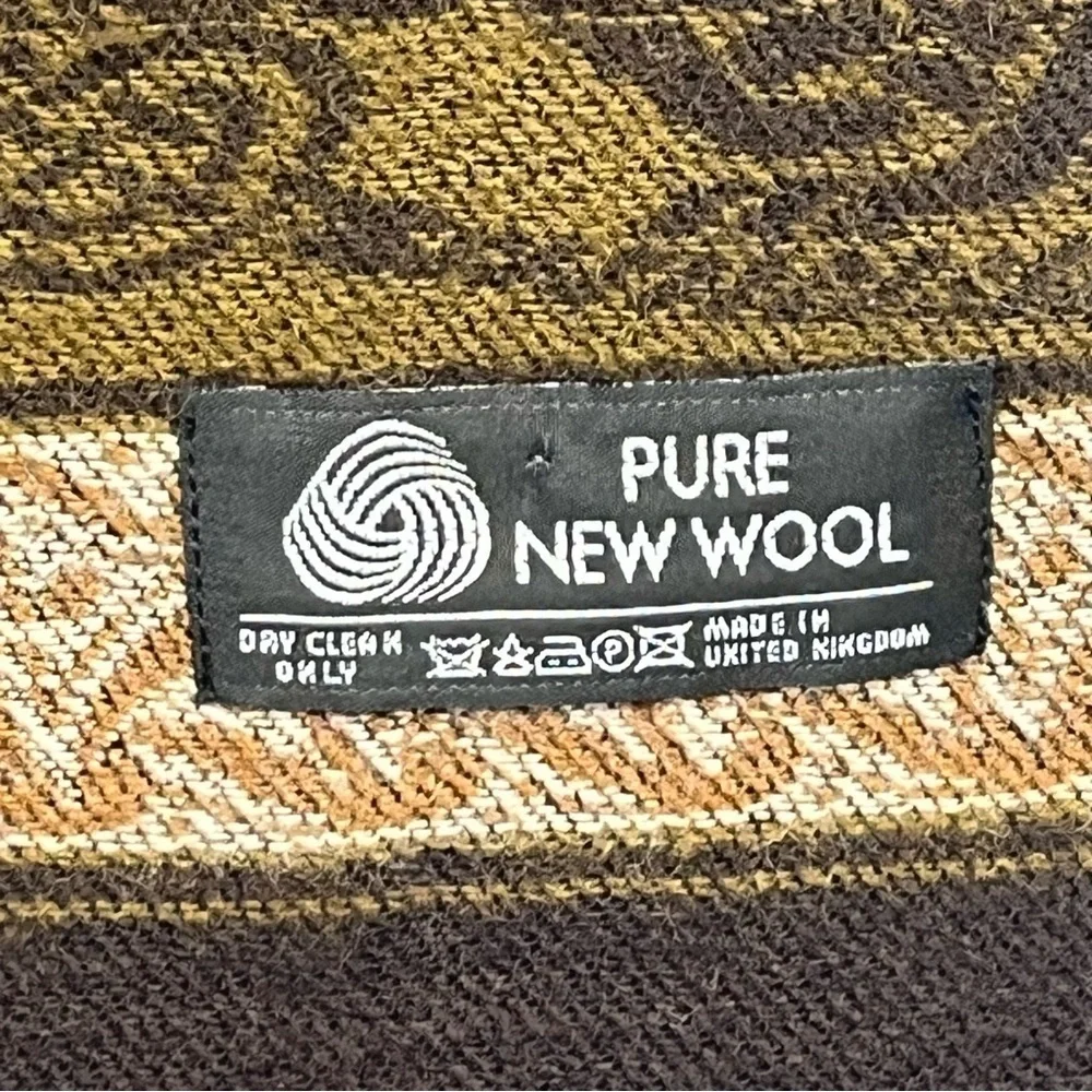 Pure New Wool Celtic sea creatures fringed scarf, brown tones, made in the UK.